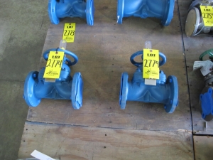 LOT (2) VALVES, DIAPHRAGM TYPE, 3" SIZE, 150 LB/100 DEGREE F RATING, CAST IRON MATERIAL, FLANGED CONNECTIONS, BOLTED BONNET, WEIR STYLE, RISING STEM TRIM, POLYPROPYLENE LINING SOFTGOODS, HANDWHEEL OPERATOR. INDICATING STEM (W-51) LOADING & HANDLING FEE $15-